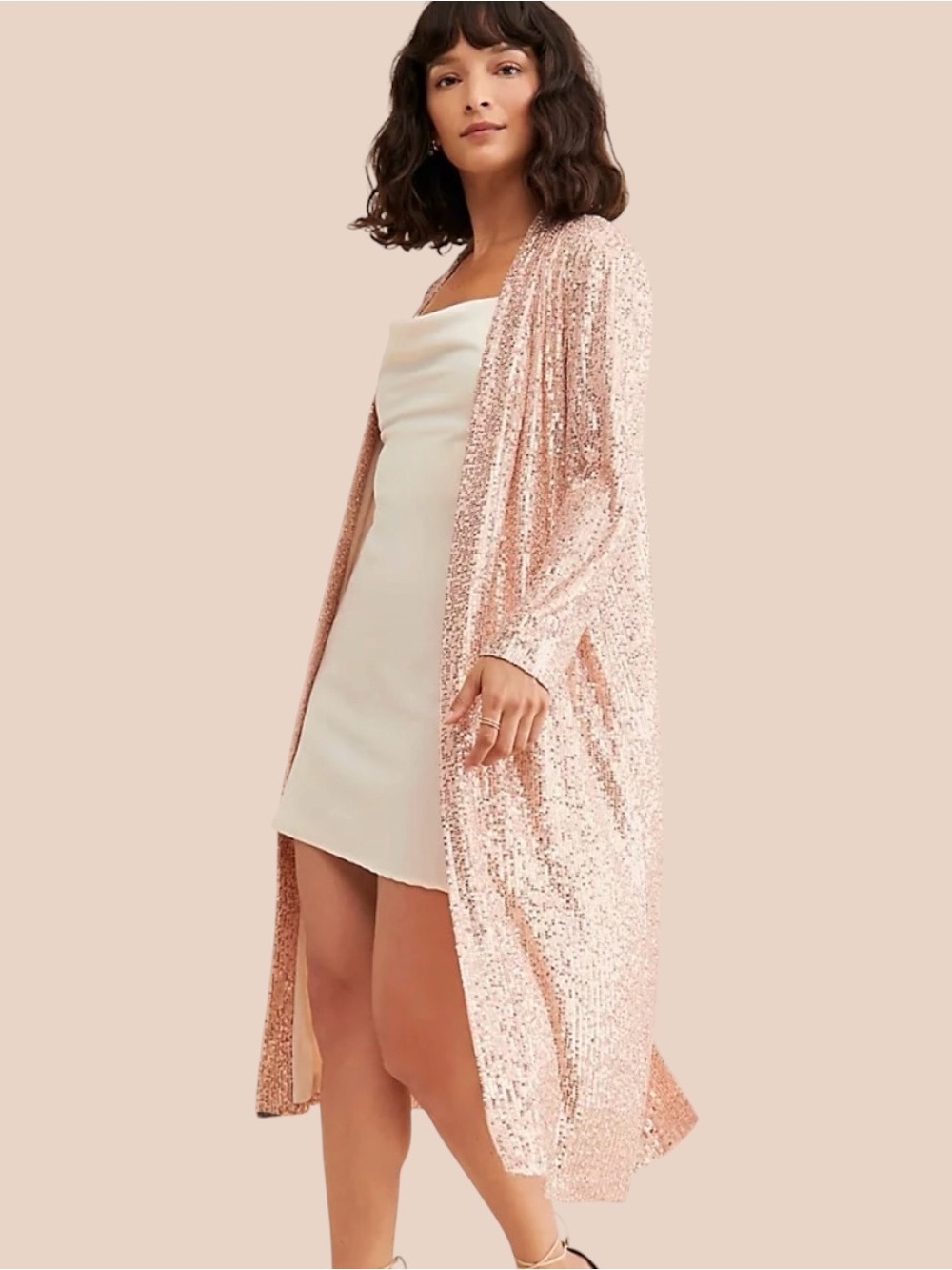 Mare Mare for Anthropologie Rose Gold Sequin Longline Duster Rose Gold Sz S NWT
